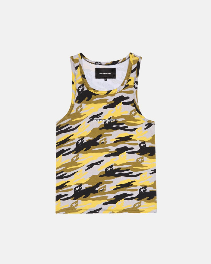 CAMO TANK TEE YELLOW - yellow camo tank top, front view - Cold Culture