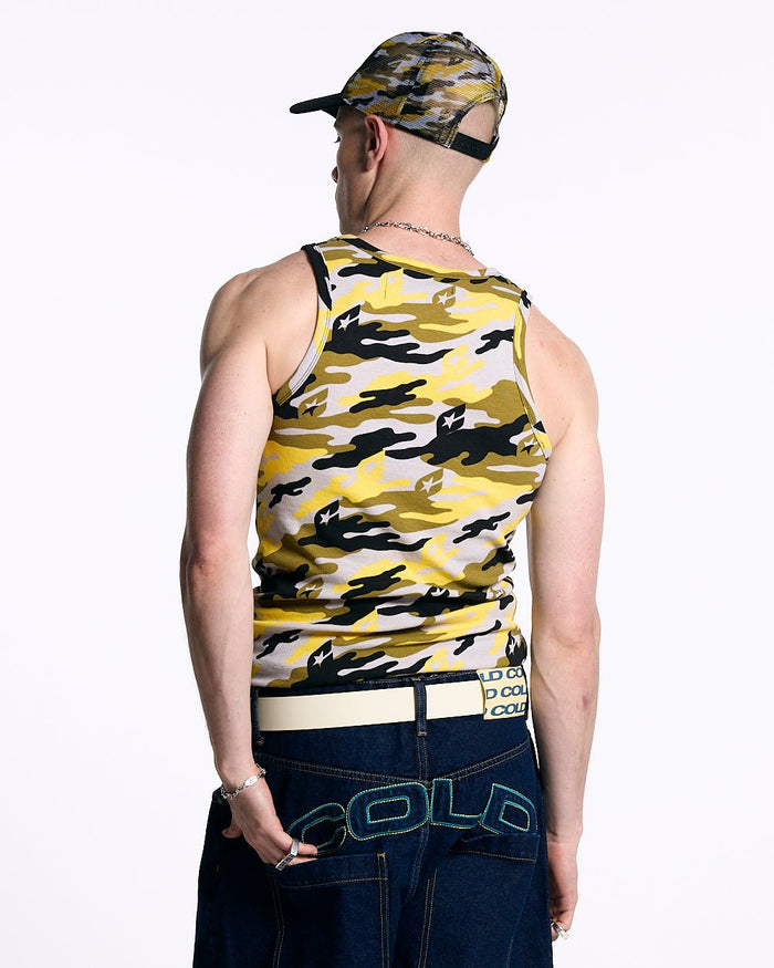 CAMO TANK TEE YELLOW - yellow camo tank top, back view on male model - Cold Culture #man