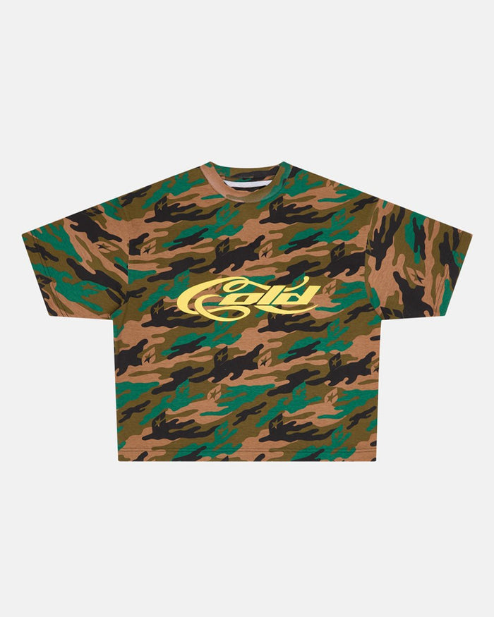 CAMO TEE GREEN - green camo tee, front view - Cold Culture