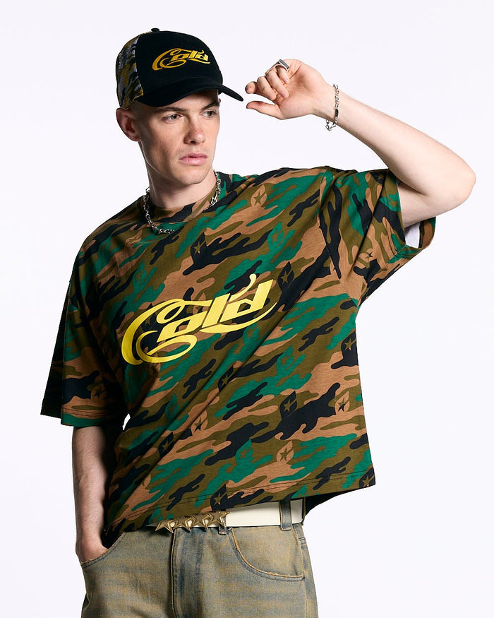 CAMO TEE GREEN - green camo tee, front view on male model - Cold Culture #man