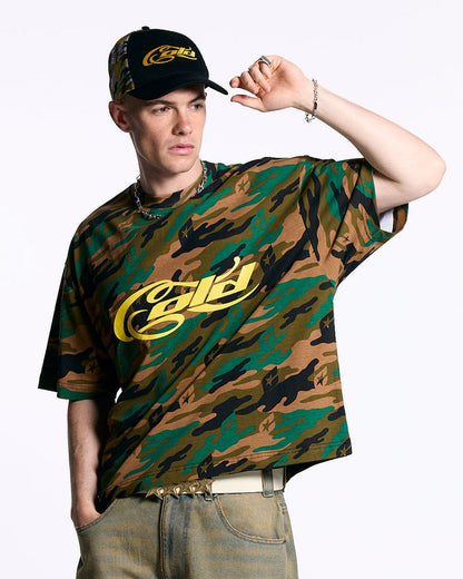 CAMO TEE GREEN - green camo tee, front view on male model - Cold Culture #man