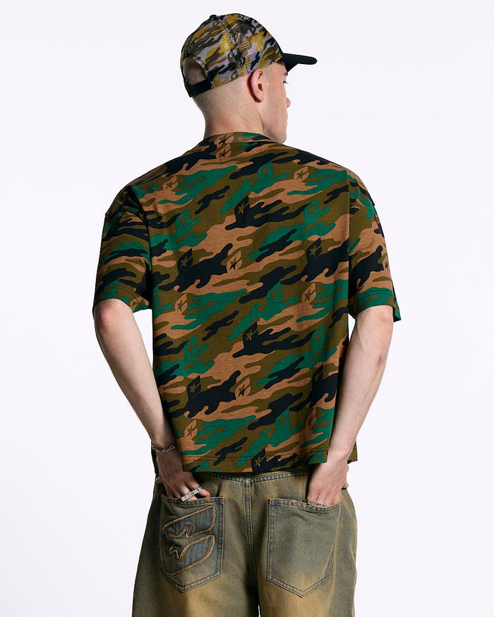 CAMO TEE GREEN - green camo tee, back view on male model - Cold Culture #man