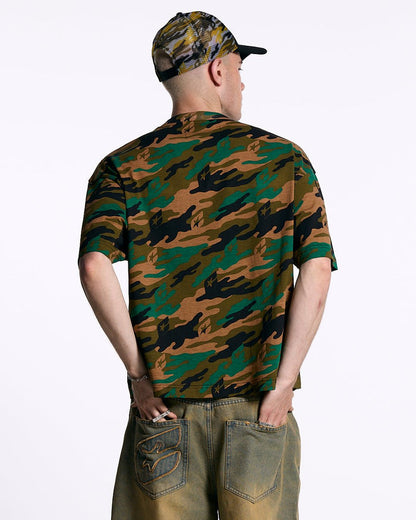 CAMO TEE GREEN - green camo tee, back view on male model - Cold Culture #man