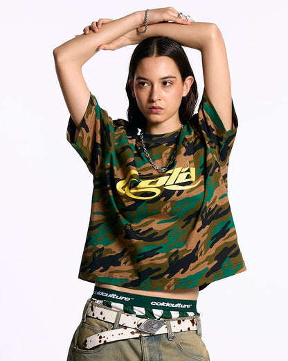 CAMO TEE GREEN - green camo tee, front view on female model - Cold Culture #woman