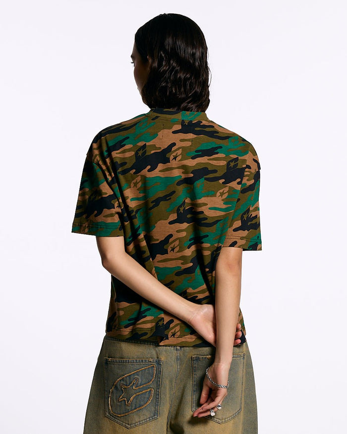 CAMO TEE GREEN - green camo tee, back view on female model - Cold Culture #woman