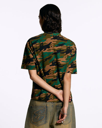 CAMO TEE GREEN - green camo tee, back view on female model - Cold Culture #woman