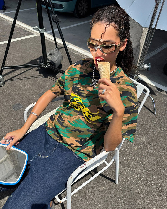 CAMO TEE GREEN - green camo tee, street style shot - Cold Culture