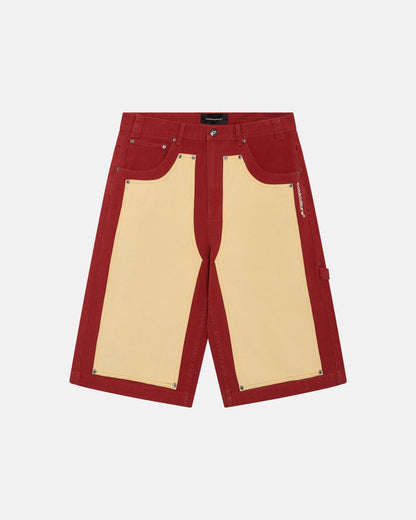 CARPENTER PANELS SHORTS BURGUNDY AND VANILLE - burgundy and cream carpenter shorts, front view - Cold Culture