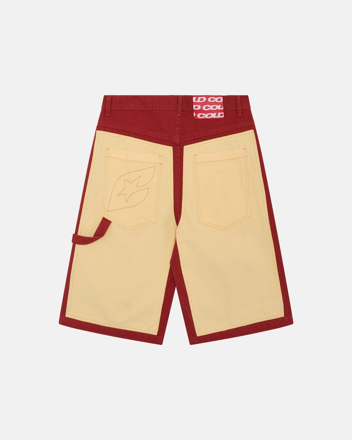 CARPENTER PANELS SHORTS BURGUNDY AND VANILLE - burgundy and cream carpenter shorts, back view - Cold Culture