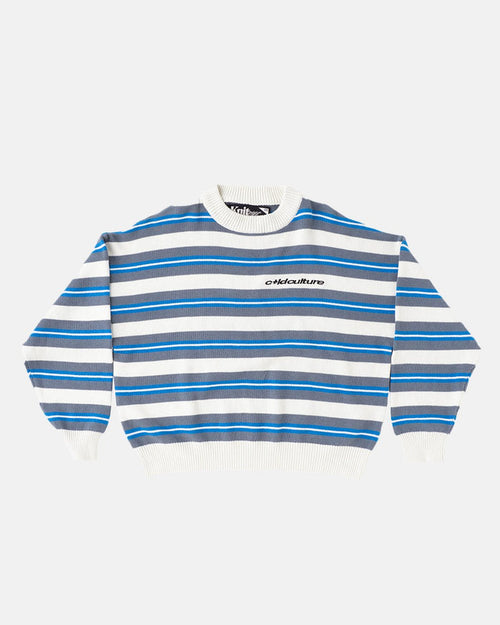 CASINO STRIPES KNIT WHITE MIST - white striped knit sweater, front view - Cold Culture
