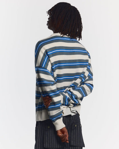 CASINO STRIPES KNIT WHITE MIST - white striped knit sweater, back view on male model - Cold Culture #man