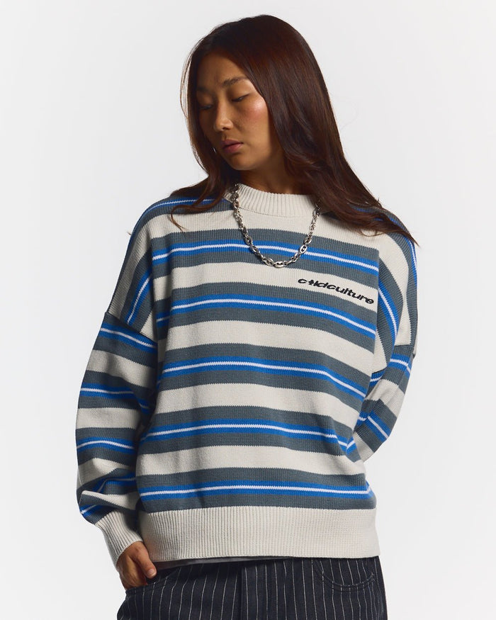 CASINO STRIPES KNIT WHITE MIST - white striped knit sweater, front view on female model - Cold Culture #woman