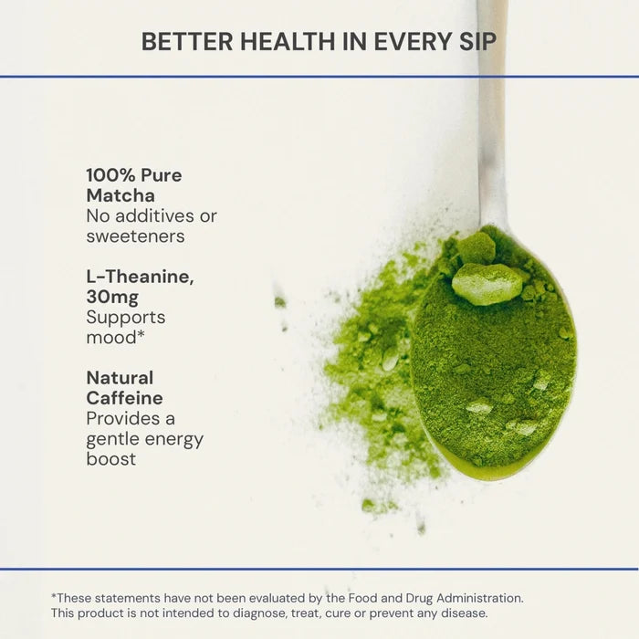 Spoon with green matcha powder and text about health benefits on a white background