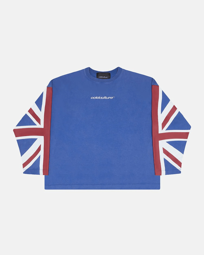 CHEERS LONGSLEEVE ROYAL - royal blue flag print longsleeve tee, front view - Cold Culture