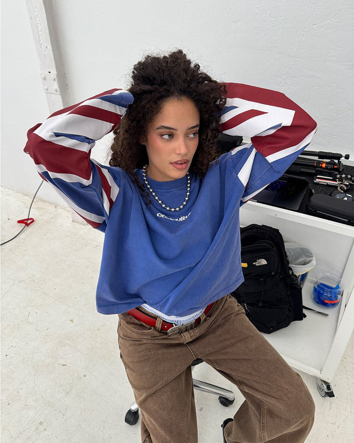 CHEERS LONGSLEEVE ROYAL - royal blue flag print longsleeve tee, street style shot - Cold Culture