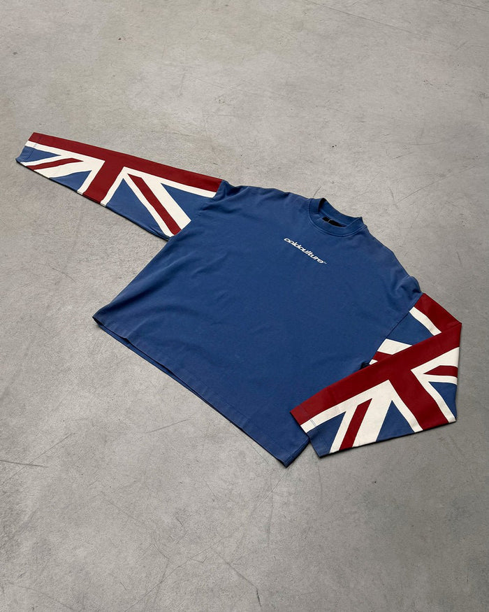 CHEERS LONGSLEEVE ROYAL - royal blue flag print longsleeve tee, flat lay - Cold Culture
