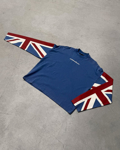 CHEERS LONGSLEEVE ROYAL - royal blue flag print longsleeve tee, flat lay - Cold Culture