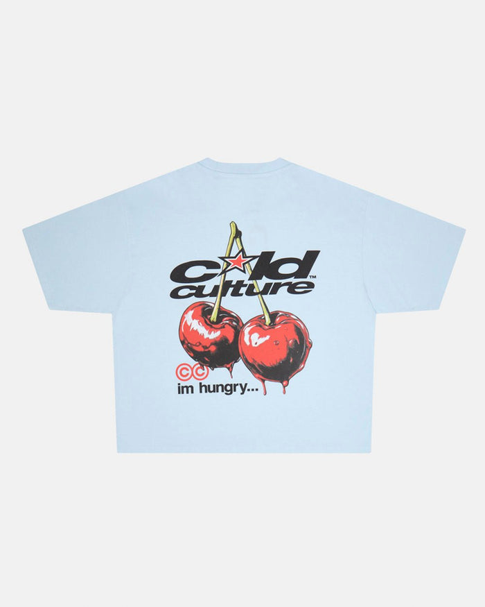 CHERRY TEE DREAM BLUE - light blue graphic print tee, back view - Cold Culture