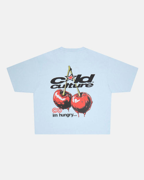 CHERRY TEE DREAM BLUE - light blue graphic print tee, back view - Cold Culture