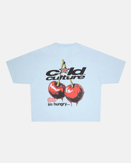 CHERRY TEE DREAM BLUE - light blue graphic print tee, back view - Cold Culture