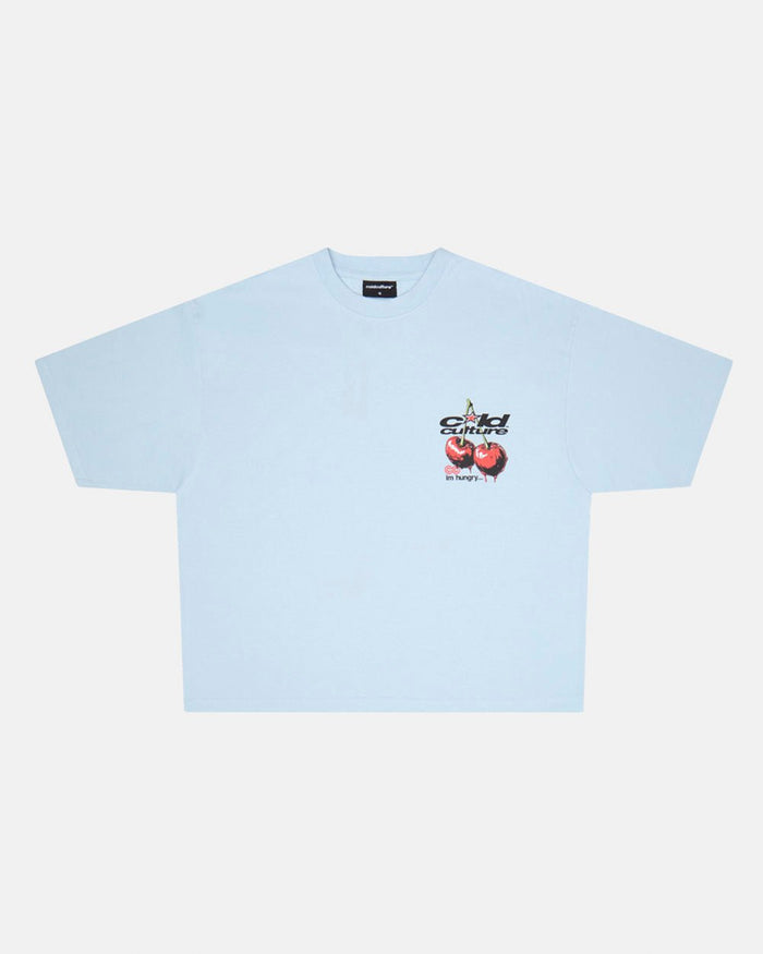 CHERRY TEE DREAM BLUE - light blue graphic print tee, front view - Cold Culture