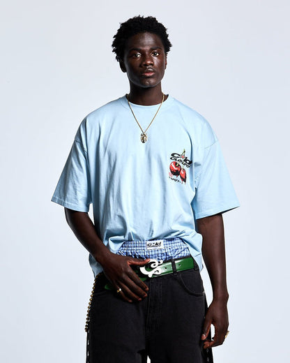 CHERRY TEE DREAM BLUE - light blue graphic print tee, front view on male model - Cold Culture #man