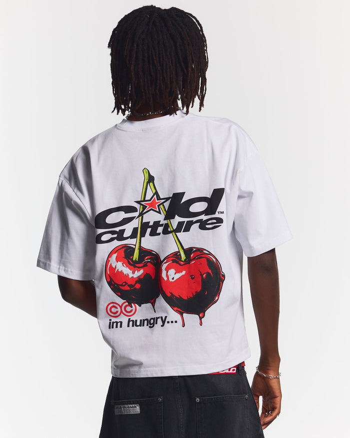 CHERRY TEE WHITE - white graphic print tee, back view on male model - Cold Culture #man