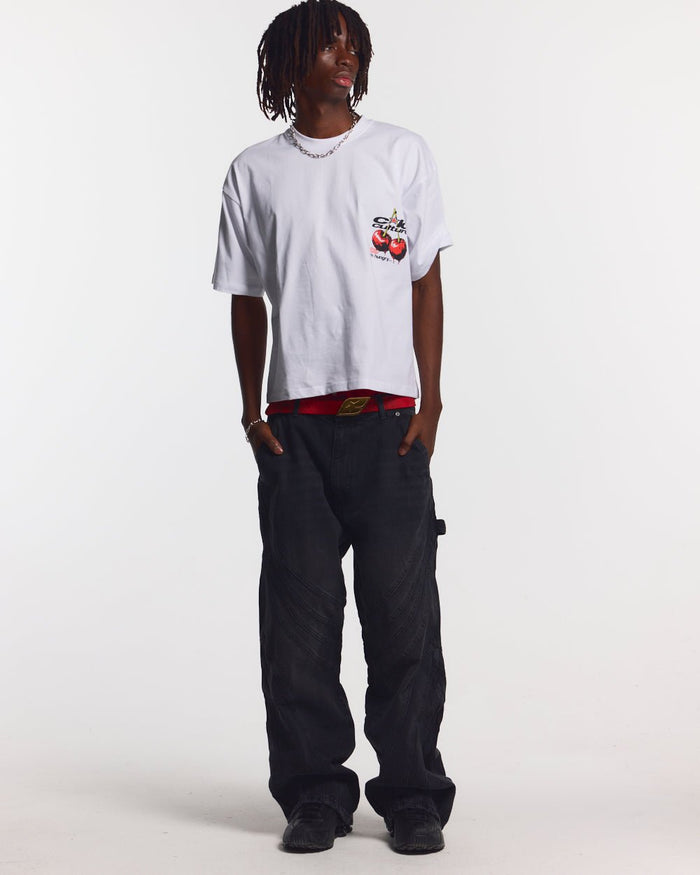 CHERRY TEE WHITE - white graphic print tee, front view on male model - Cold Culture #man