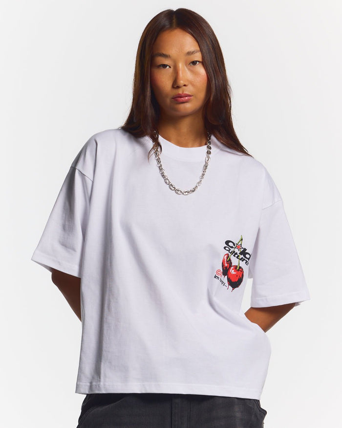 CHERRY TEE WHITE - white graphic print tee, front view on female model - Cold Culture #woman