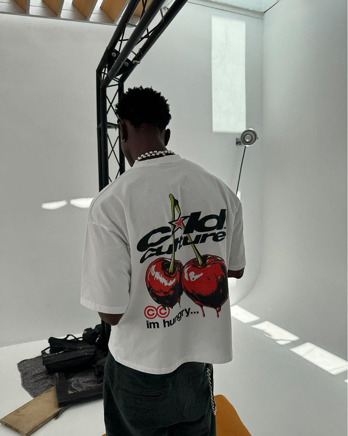 CHERRY TEE WHITE - white graphic print tee, back view on male model - Cold Culture