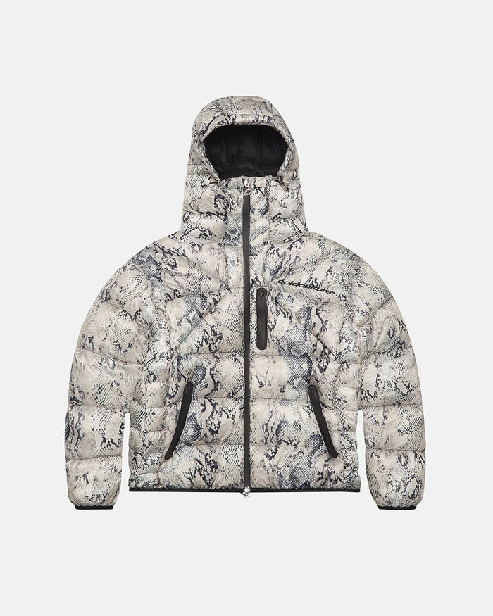 CLOUD ARMOR PUFFER SNAKE - snake print puffer jacket, front view - Cold Culture