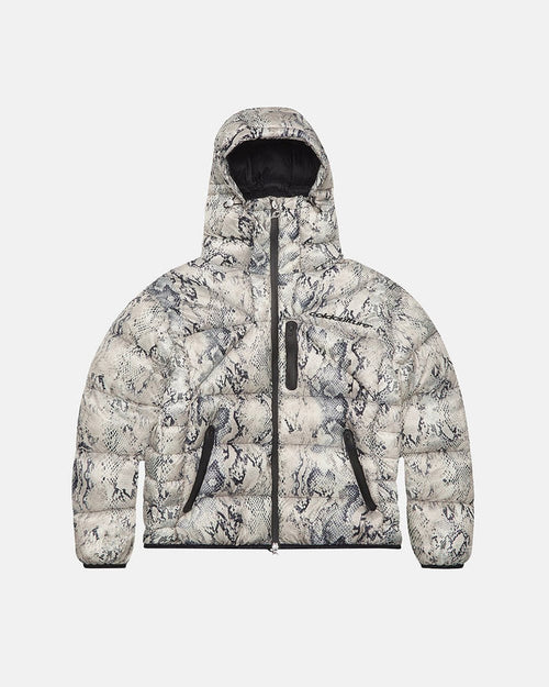 CLOUD ARMOR PUFFER SNAKE - snake print puffer jacket, front view - Cold Culture
