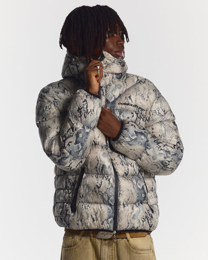 CLOUD ARMOR PUFFER SNAKE - snake print puffer jacket, front view on male model - Cold Culture #man