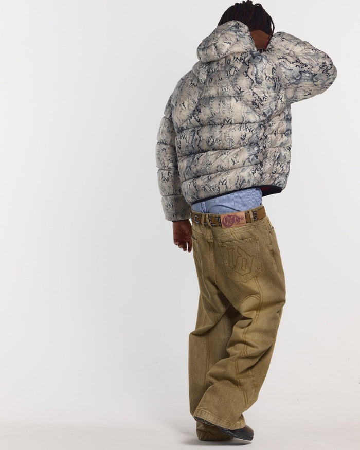 CLOUD ARMOR PUFFER SNAKE - snake print puffer jacket, back view on male model - Cold Culture #man