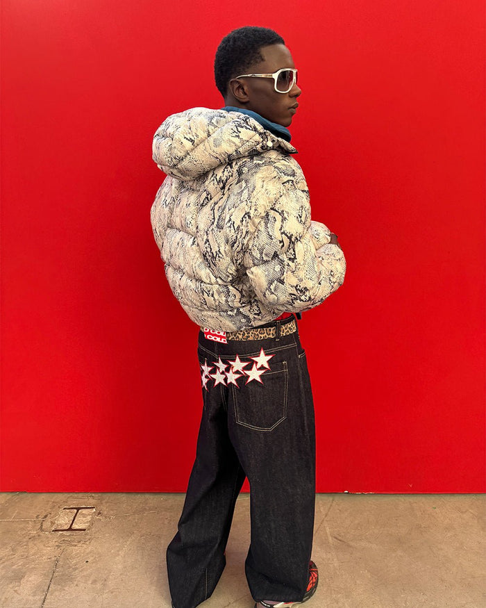 CLOUD ARMOR PUFFER SNAKE - snake print puffer jacket, street style shot - Cold Culture