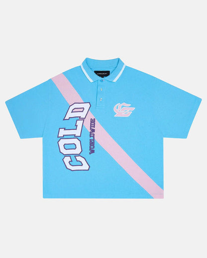 COCKY POLO BLUE - blue graphic print polo shirt, front view - Cold Culture