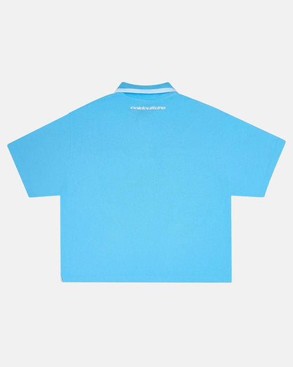 COCKY POLO BLUE - blue graphic print polo shirt, back view - Cold Culture