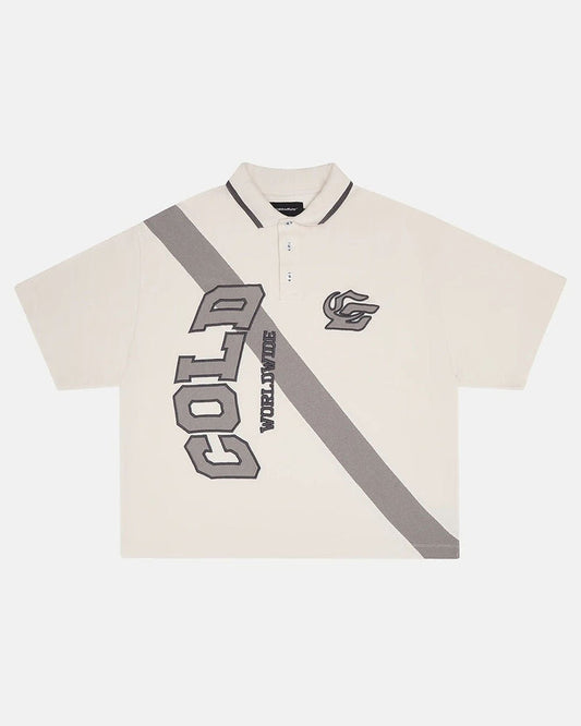 COCKY POLO GREY - grey graphic print polo shirt, front view - Cold Culture
