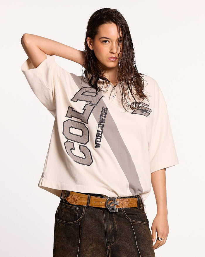 COCKY POLO GREY - grey graphic print polo shirt, front view on female model - Cold Culture #woman