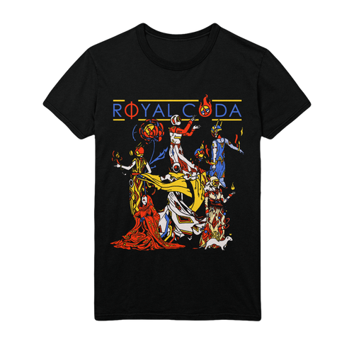 Royal Coda black graphic tee features stylized Coda characters, flames, a red-robed figure, and bold yellow and blue "ROYAL CODA" text across the top.