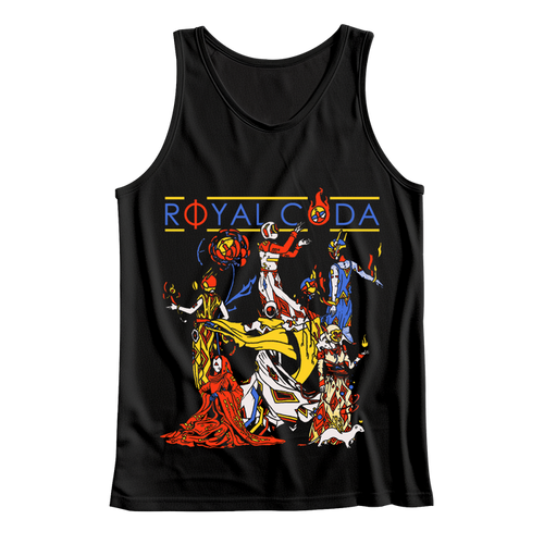 Black tank top by Royal Coda featuring vibrant, abstract Coda characters in dynamic poses with flames and flowing robes, plus the word "ROYALCODA" in an artistic style.