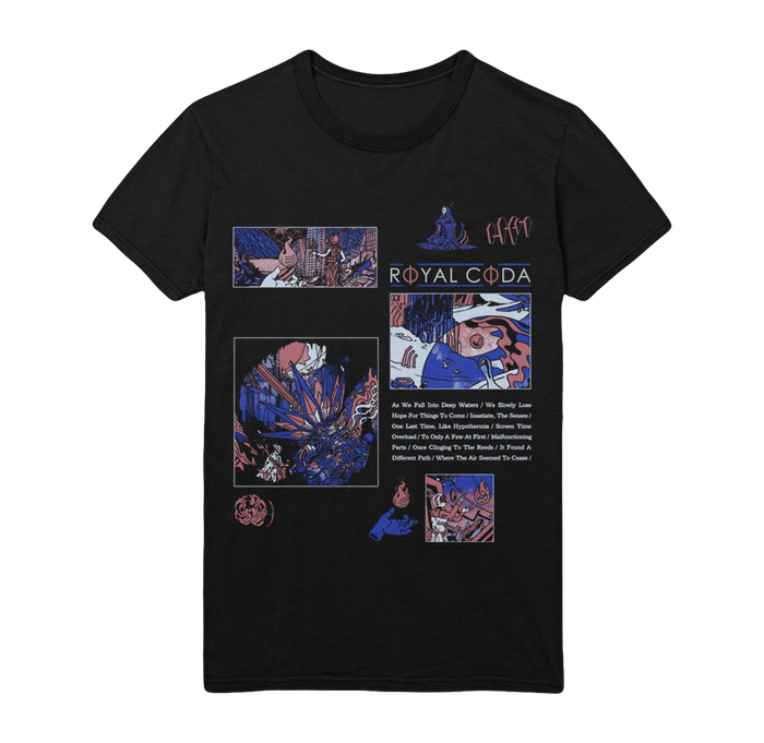 Black T-shirt by Royal Coda featuring a bold comic-style collage in purple, blue, and red, with the band’s name and song titles printed on the front.