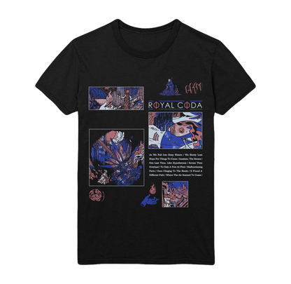 Black T-shirt by Royal Coda featuring a bold comic-style collage in purple, blue, and red, with the band’s name and song titles printed on the front.