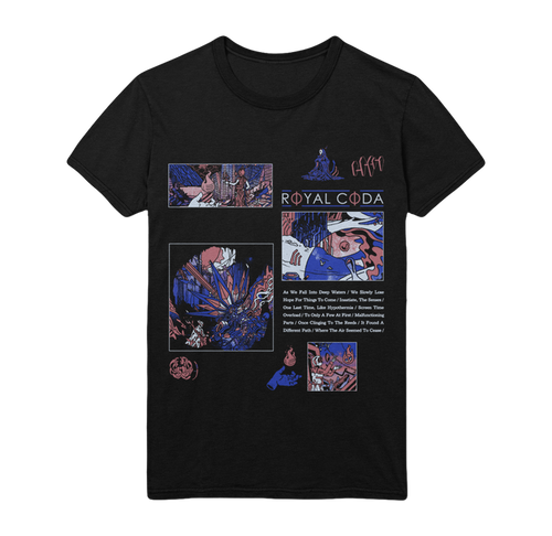 Black T-shirt by Royal Coda featuring a bold comic-style collage in purple, blue, and red, with the band’s name and song titles printed on the front.