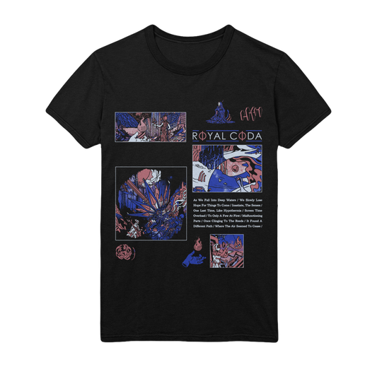 Black T-shirt by Royal Coda featuring a bold comic-style collage in purple, blue, and red, with the band’s name and song titles printed on the front.