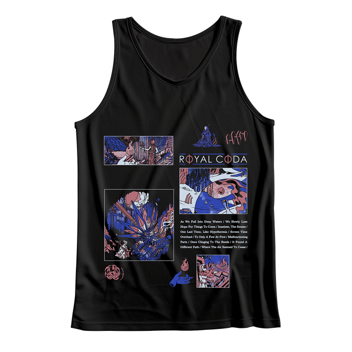 Black tank top by Royal Coda with colorful abstract and comic-inspired artwork in purple, blue, and pink plus "ROYAL CODA" text and song titles listed beneath the main design.