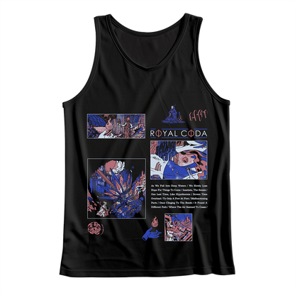 Black tank top by Royal Coda with colorful abstract and comic-inspired artwork in purple, blue, and pink plus "ROYAL CODA" text and song titles listed beneath the main design.