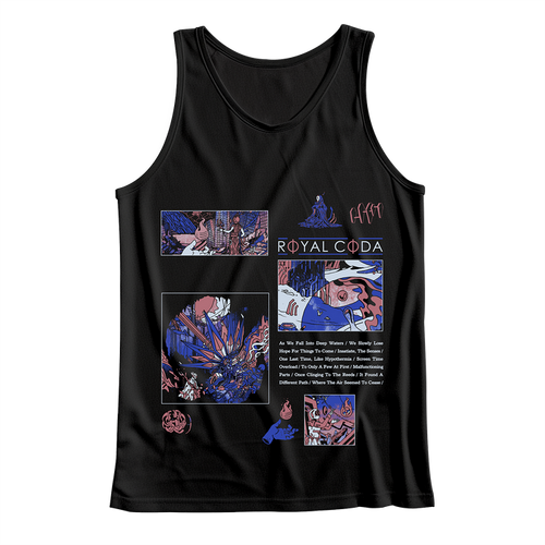 Black tank top by Royal Coda with colorful abstract and comic-inspired artwork in purple, blue, and pink plus "ROYAL CODA" text and song titles listed beneath the main design.