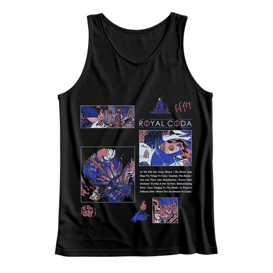 Black tank top by Royal Coda with colorful abstract and comic-inspired artwork in purple, blue, and pink plus "ROYAL CODA" text and song titles listed beneath the main design.