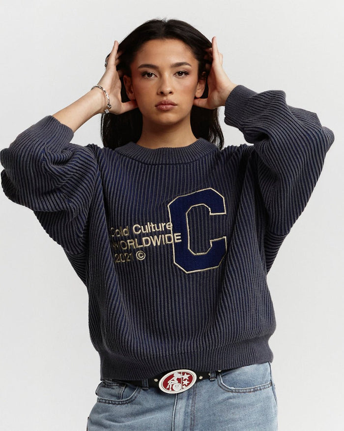 COLD UNIVERSITY KNIT DARK BLUE - dark blue ribbed knit sweater, front view on female model - Cold Culture #woman